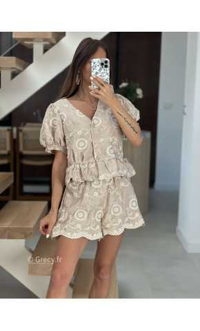 Ensemble broderies beige blanc short et chemisier mode tendance printemps été 2025 grecy chic élégant