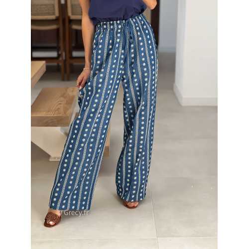 Pantalon fluide marine fleurs broderies