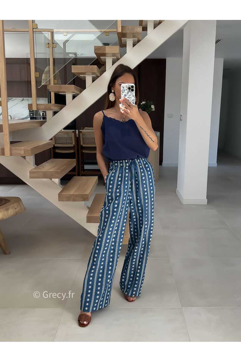 Pantalon fluide marine denim jean fleurs broderies mode tendance printemps été 2025 grecy chic élégant