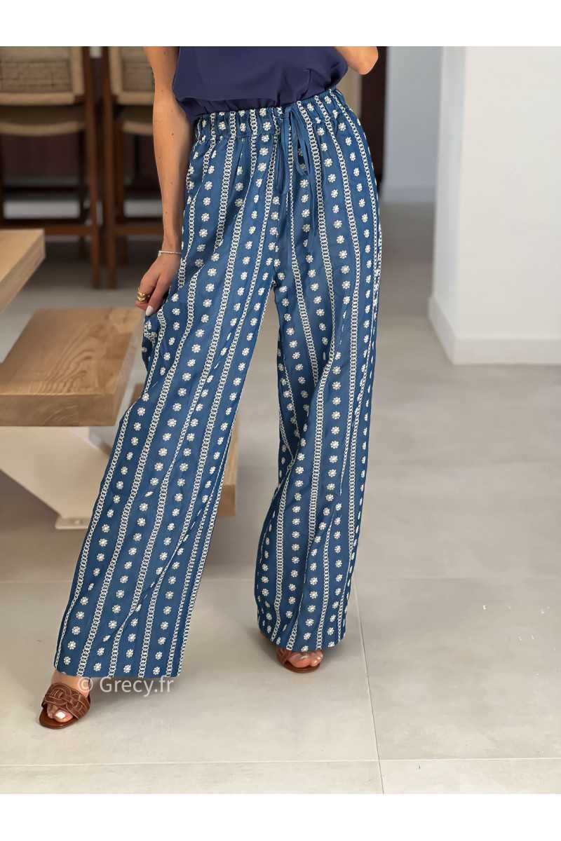 Pantalon fluide marine denim jean fleurs broderies mode tendance printemps été 2025 grecy chic élégant