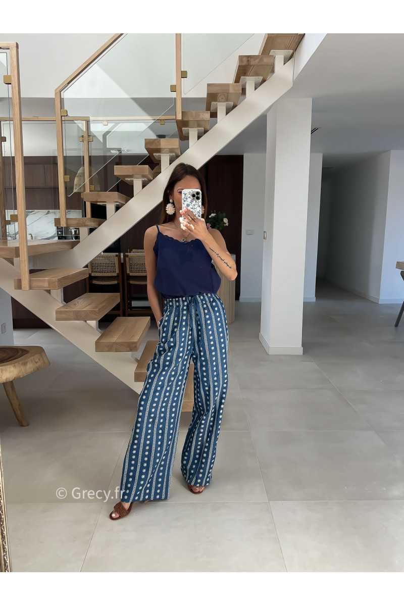 Pantalon fluide marine denim jean fleurs broderies mode tendance printemps été 2025 grecy chic élégant