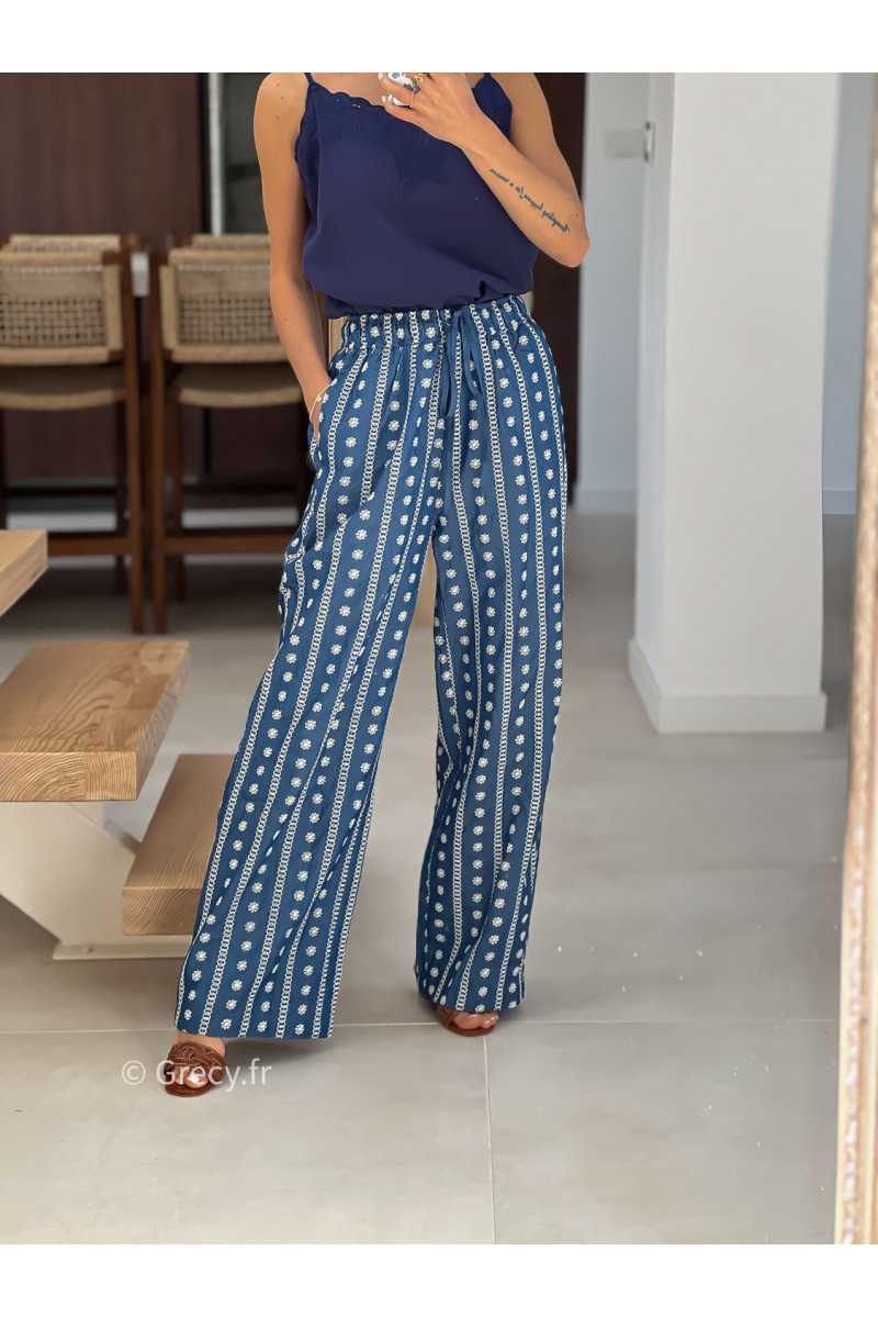 Pantalon fluide marine denim jean fleurs broderies mode tendance printemps été 2025 grecy chic élégant
