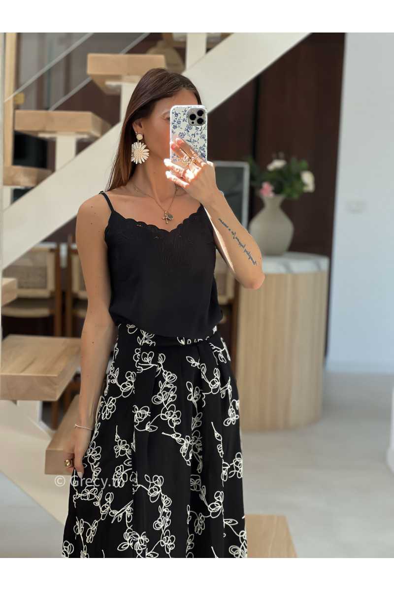 Débardeur broderies noir mode tendance printemps été 2025 grecy chic élégant