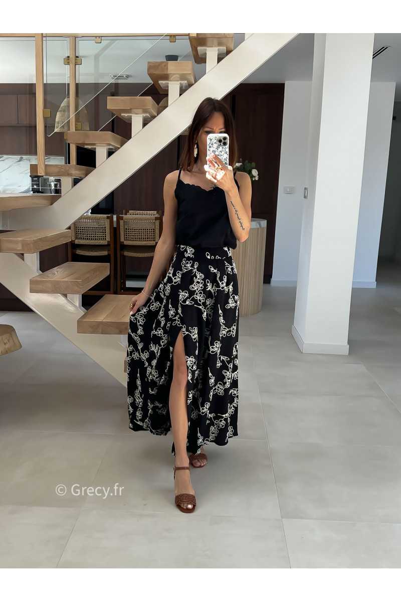 Jupe longue broderies noire mode tendance printemps été 2025 grecy chic élégant