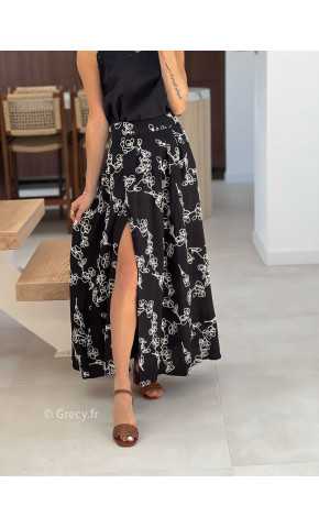 Jupe longue broderies noire mode tendance printemps été 2025 grecy chic élégant