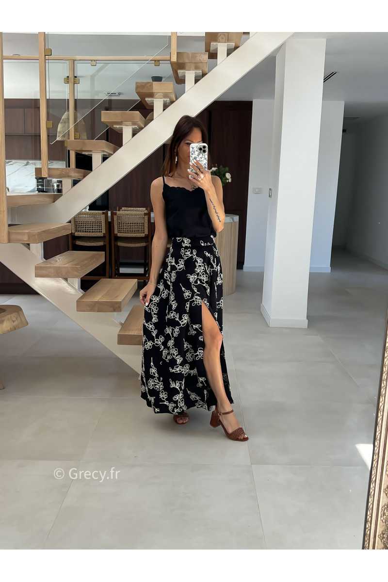 Jupe longue broderies noire mode tendance printemps été 2025 grecy chic élégant
