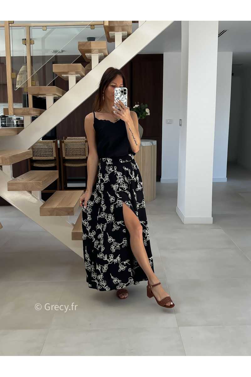 Jupe longue broderies noire mode tendance printemps été 2025 grecy chic élégant