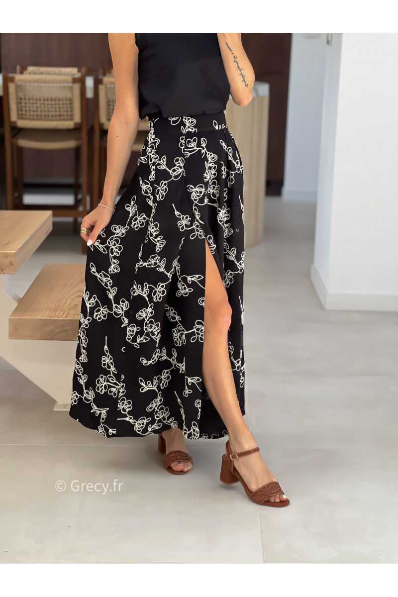 Jupe longue broderies noire mode tendance printemps été 2025 grecy chic élégant