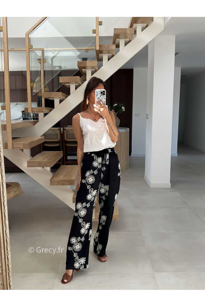 Pantalon fluide noir broderies mode tendance printemps été 2025 grecy chic élégant