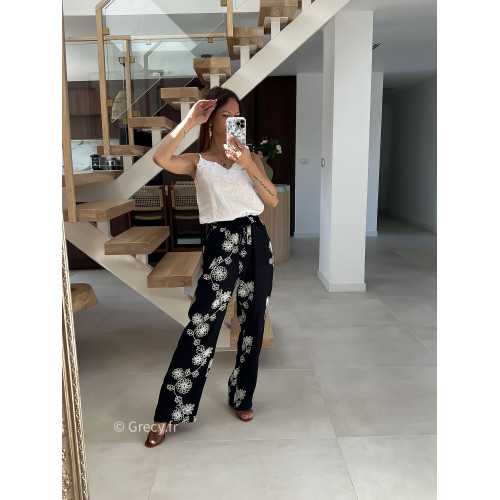 Pantalon fluide noir broderies mode tendance printemps été 2025 grecy chic élégant