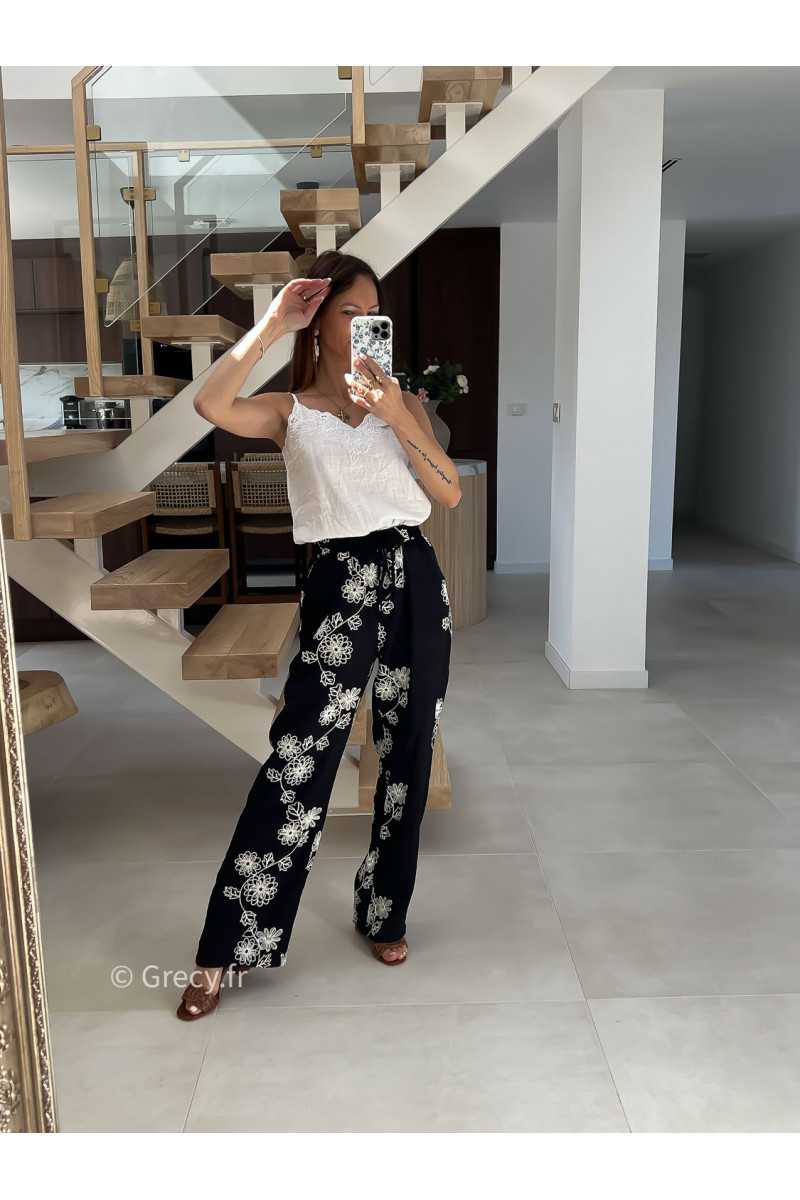 Pantalon fluide noir broderies mode tendance printemps été 2025 grecy chic élégant