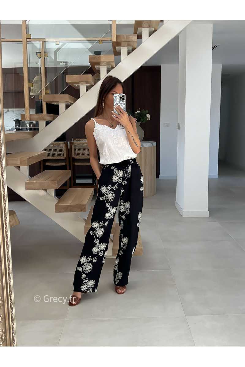Pantalon fluide noir broderies mode tendance printemps été 2025 grecy chic élégant