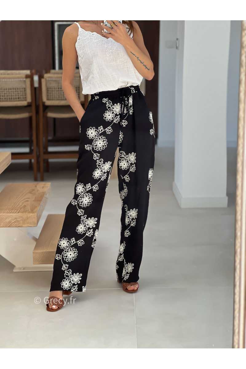 Pantalon fluide noir broderies mode tendance printemps été 2025 grecy chic élégant