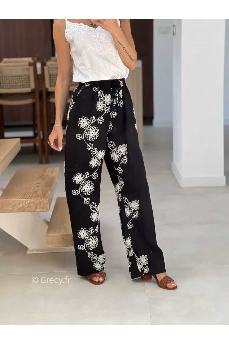 Pantalon fluide noir broderies mode tendance printemps été 2025 grecy chic élégant