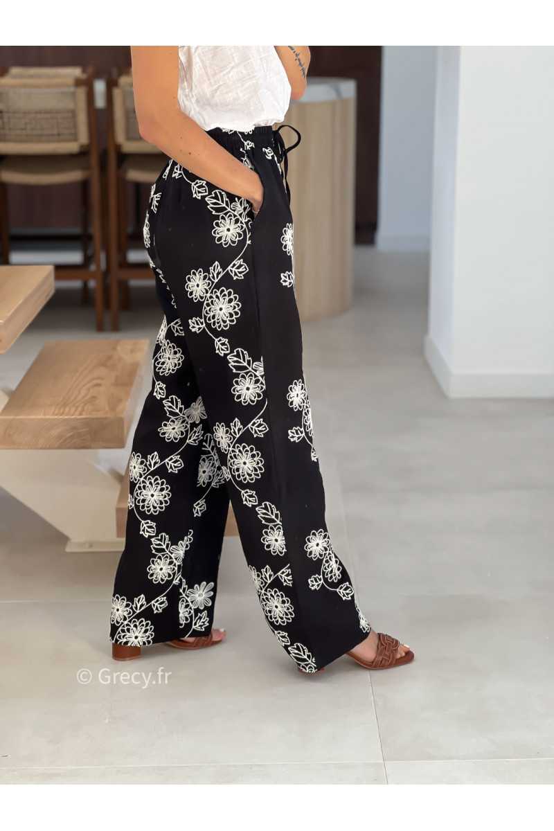 Pantalon fluide noir broderies mode tendance printemps été 2025 grecy chic élégant