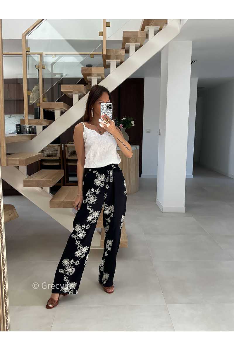 Pantalon fluide noir broderies mode tendance printemps été 2025 grecy chic élégant