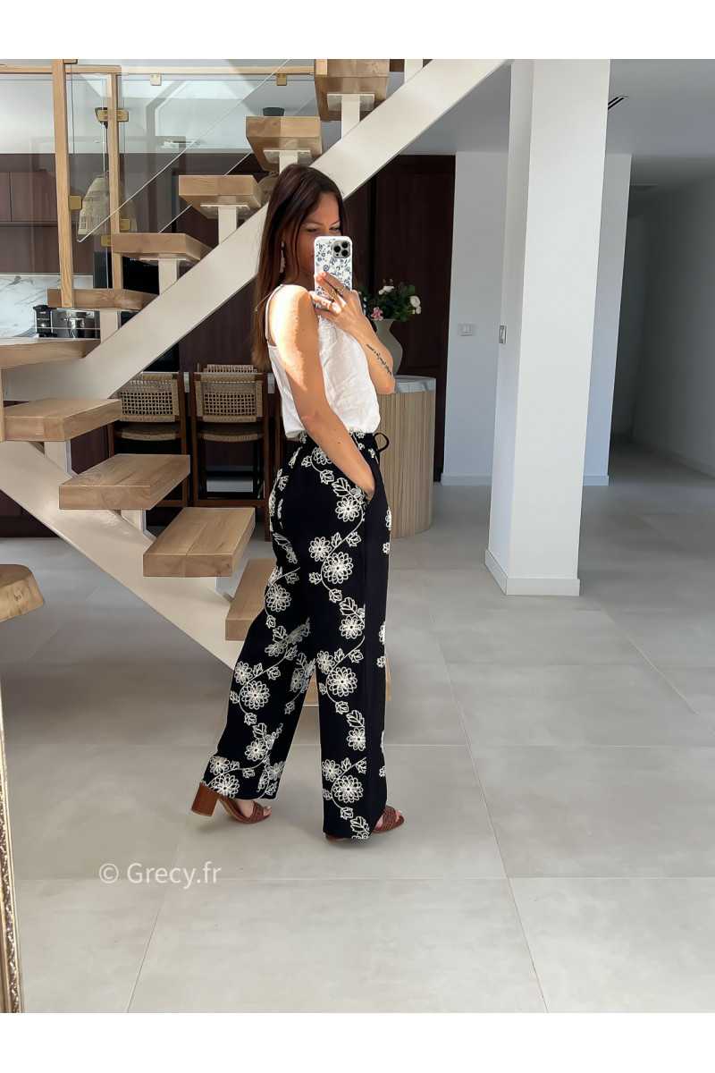 Pantalon fluide noir broderies mode tendance printemps été 2025 grecy chic élégant