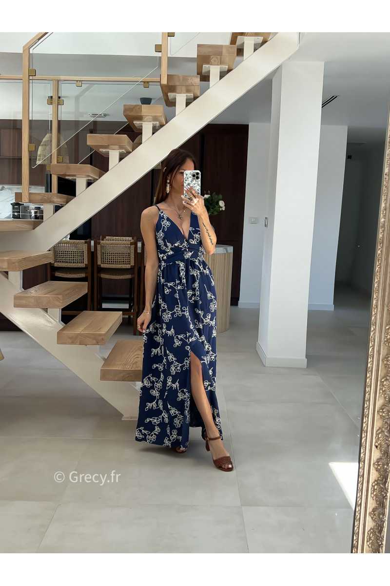 Robe longue marine broderies mode tendance printemps été 2025 grecy chic élégant