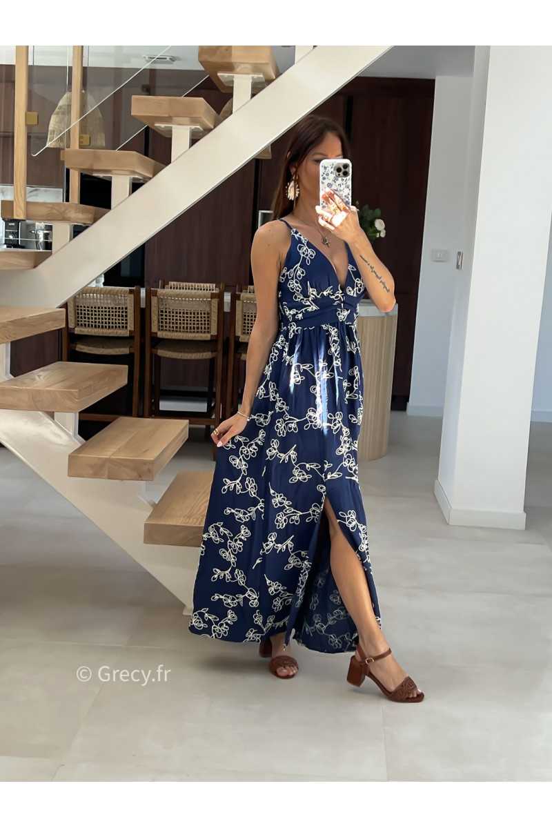 Robe longue marine broderies mode tendance printemps été 2025 grecy chic élégant