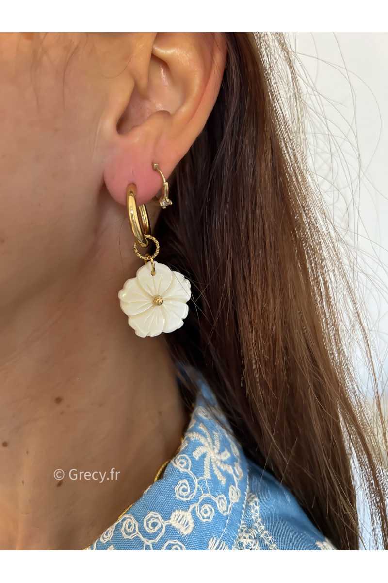Boucles d'oreilles fleurs blanches acier inoxydable