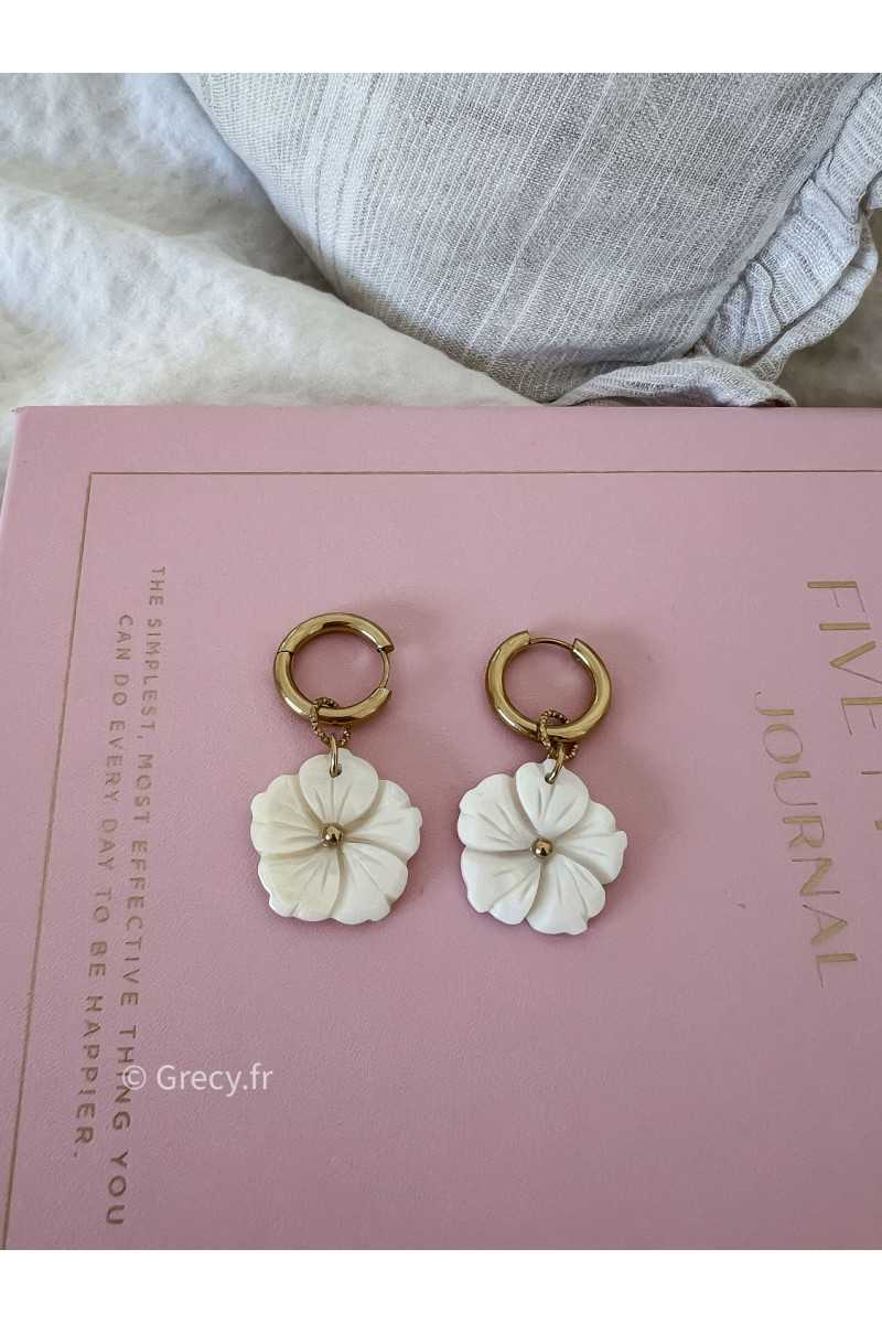 Boucles d'oreilles fleurs blanches acier inoxydable