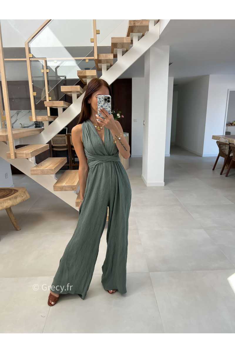 combinaison pantalon multipositions kaki vert fluide été grecy look tenue mode tendance