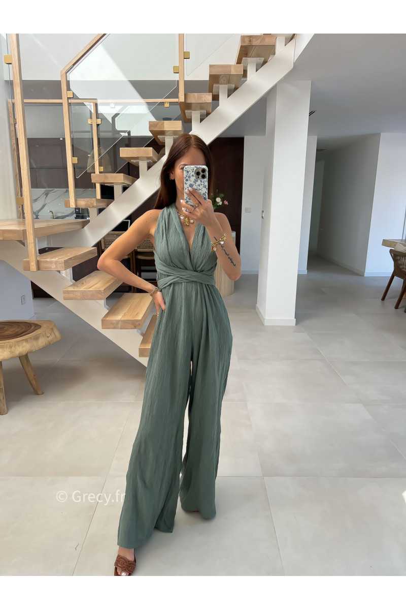 combinaison pantalon multipositions kaki vert fluide été grecy look tenue mode tendance