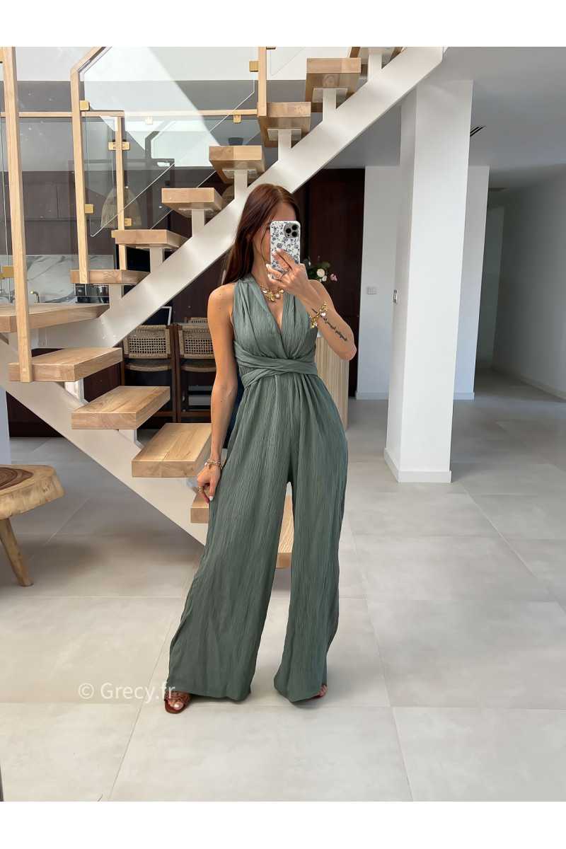 combinaison pantalon multipositions kaki vert fluide été grecy look tenue mode tendance