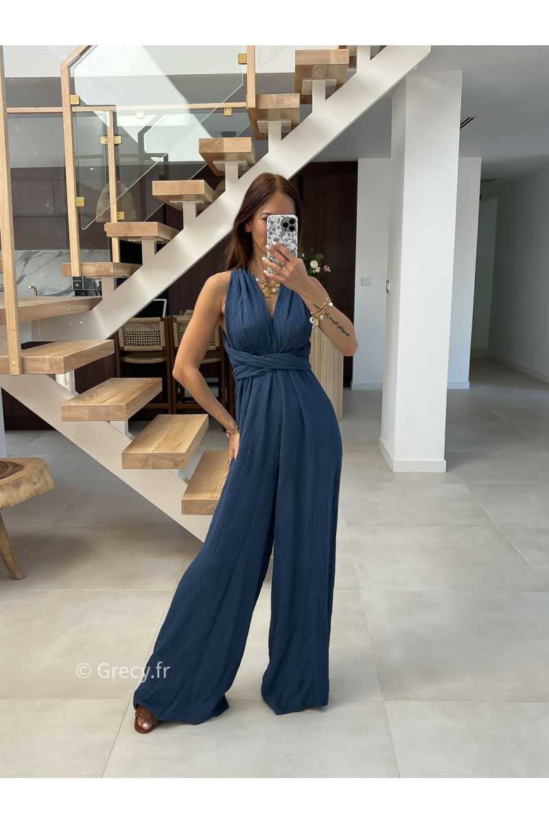 combinaison pantalon multipositions bleu marine fluide été grecy look tenue mode tendance