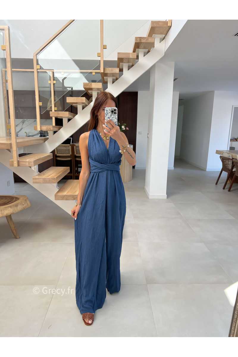 combinaison pantalon multipositions bleu marine fluide été grecy look tenue mode tendance