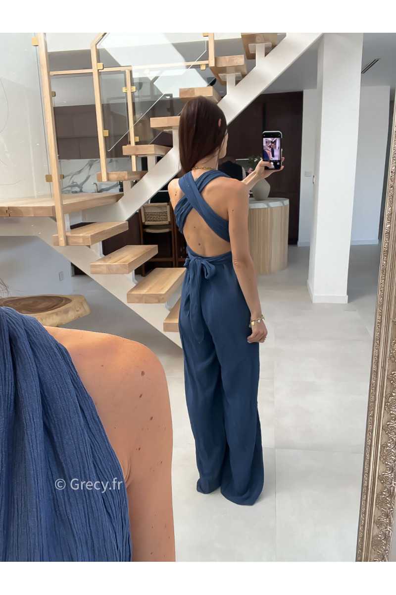 combinaison pantalon multipositions bleu marine fluide été grecy look tenue mode tendance