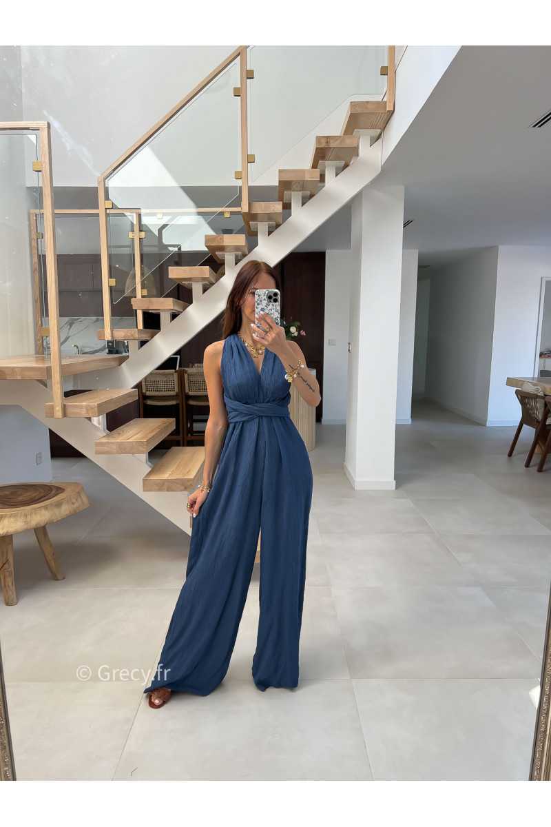 combinaison pantalon multipositions bleu marine fluide été grecy look tenue mode tendance
