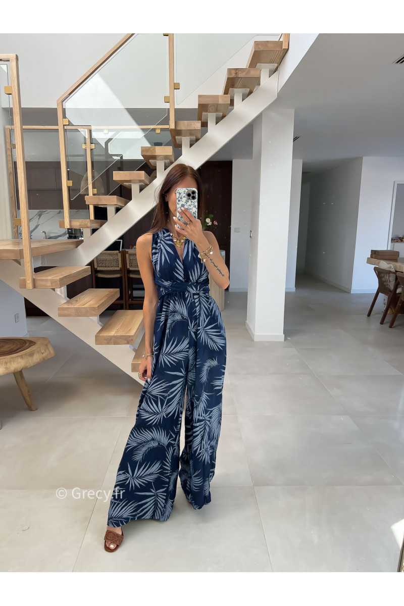 combinaison pantalon multipositions motifs bleu marine fluide été grecy look tenue mode tendance