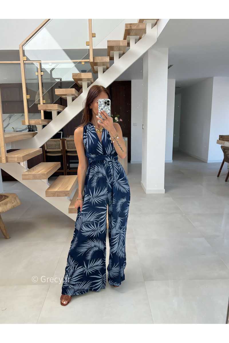 combinaison pantalon multipositions motifs bleu marine fluide été grecy look tenue mode tendance