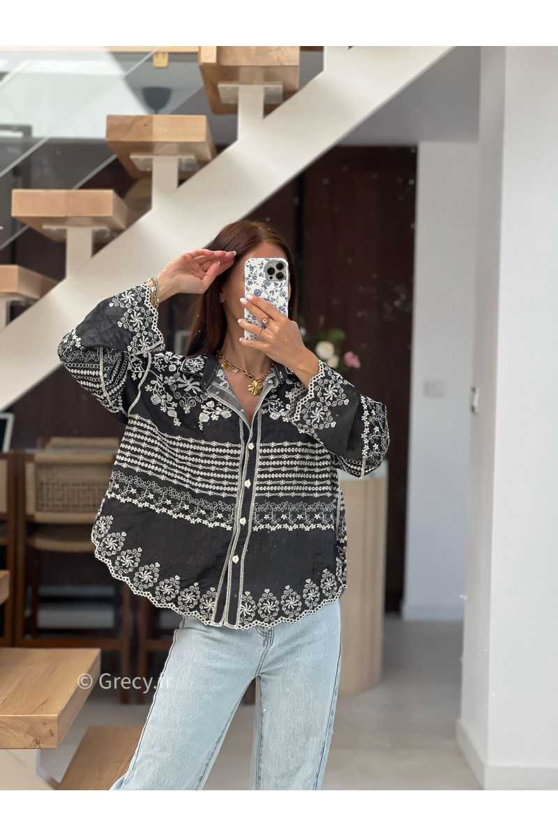 Chemise jean noire broderies fluide large mode tendance chic manches longues grecy