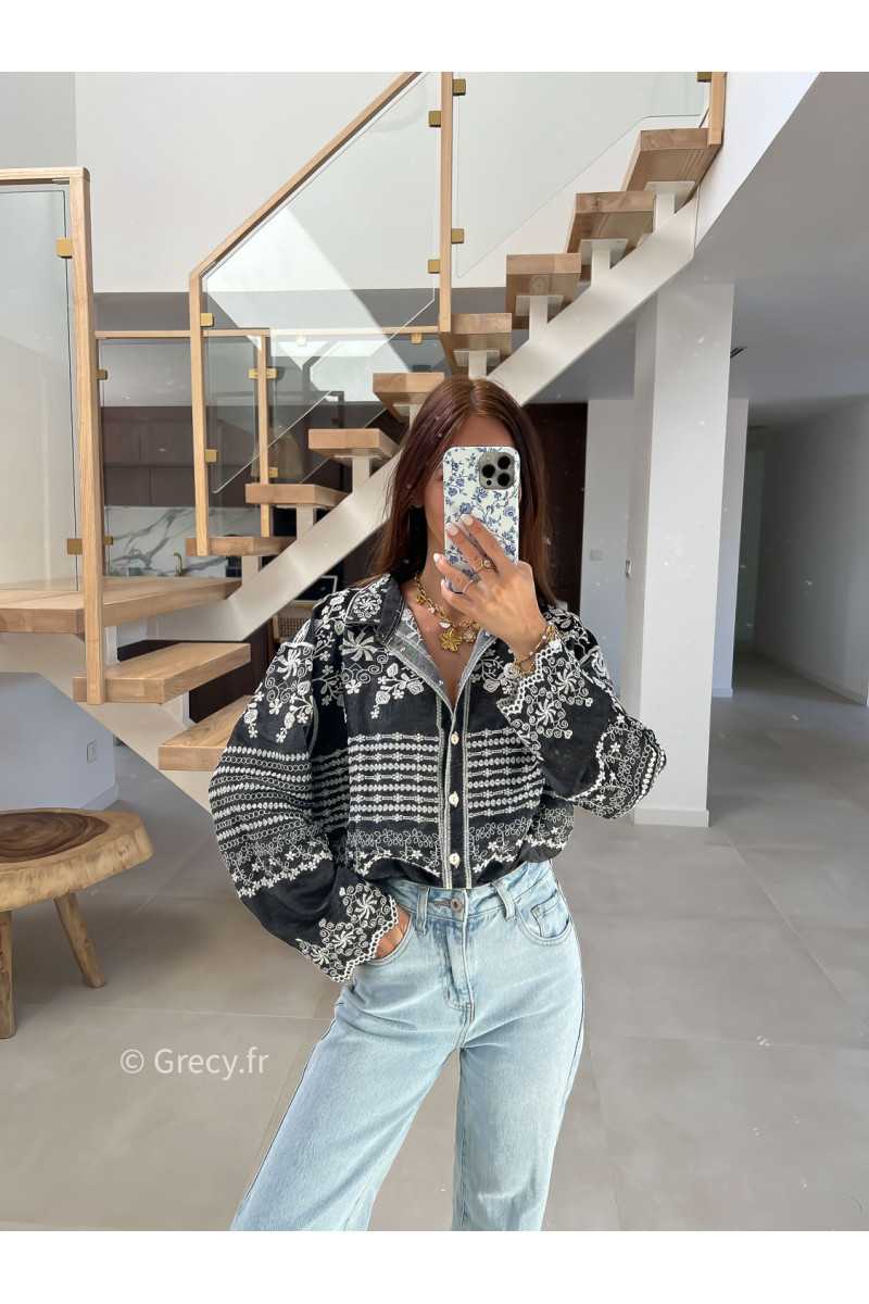 Chemise jean noire broderies fluide large mode tendance chic manches longues grecy