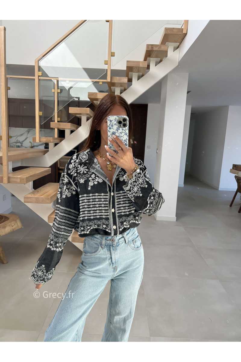 Chemise jean noire broderies fluide large mode tendance chic manches longues grecy