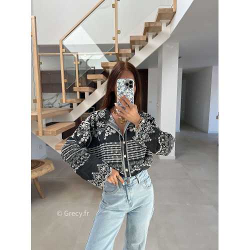 Chemise jean noire broderies fluide large mode tendance chic manches longues grecy