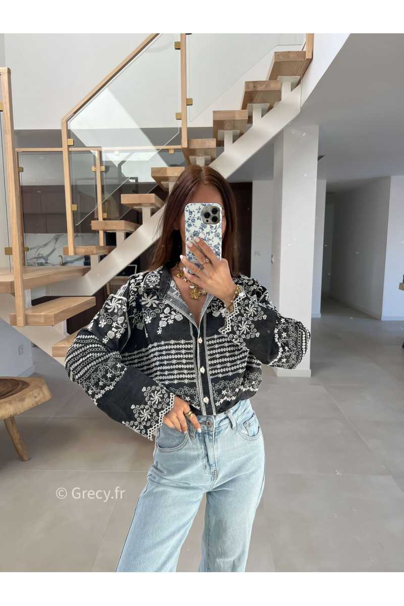 Chemise jean noire broderies fluide large mode tendance chic manches longues grecy
