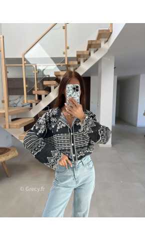 Chemise jean noire broderies fluide large mode tendance chic manches longues grecy