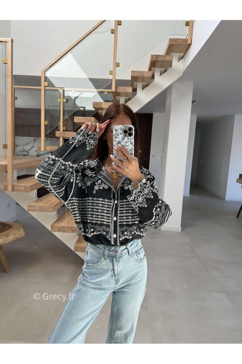 Chemise jean noire broderies fluide large mode tendance chic manches longues grecy