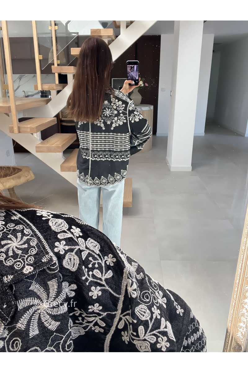 Chemise jean noire broderies fluide large mode tendance chic manches longues grecy
