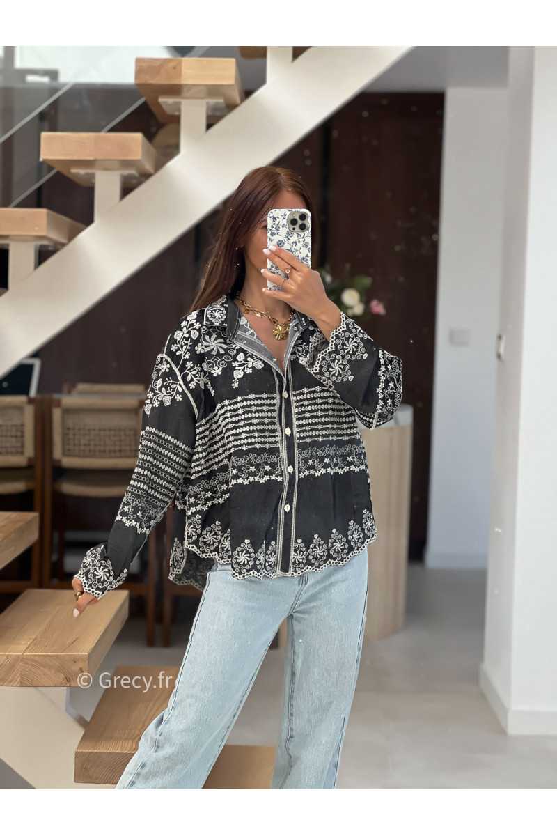 Chemise jean noire broderies fluide large mode tendance chic manches longues grecy
