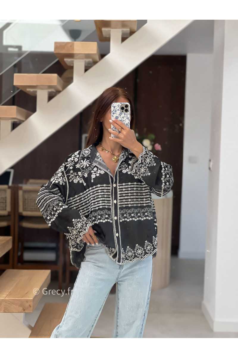Chemise jean noire broderies fluide large mode tendance chic manches longues grecy