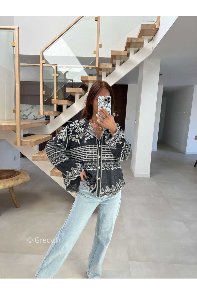 Chemise jean noire broderies fluide large mode tendance chic manches longues grecy