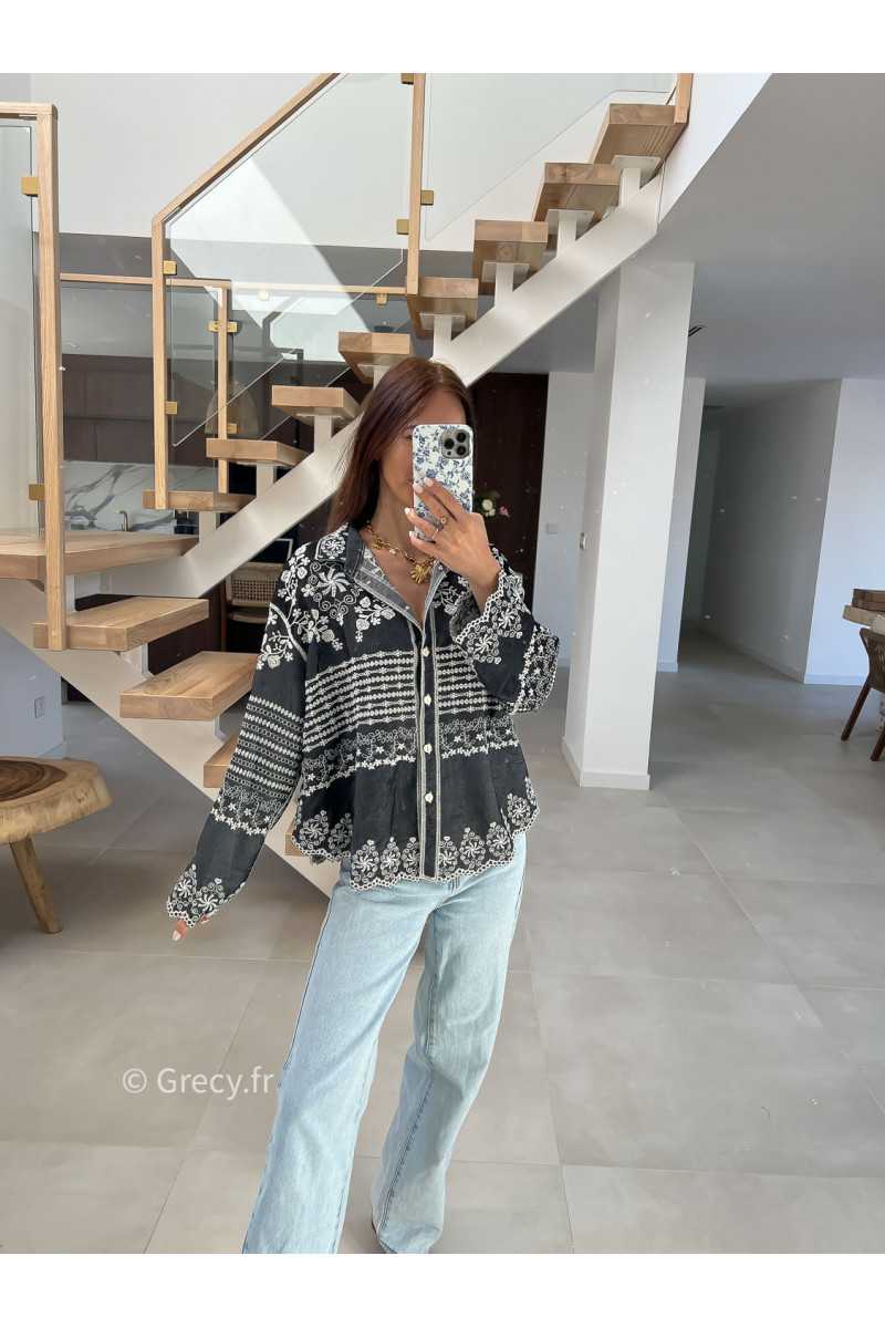 Chemise jean noire broderies fluide large mode tendance chic manches longues grecy