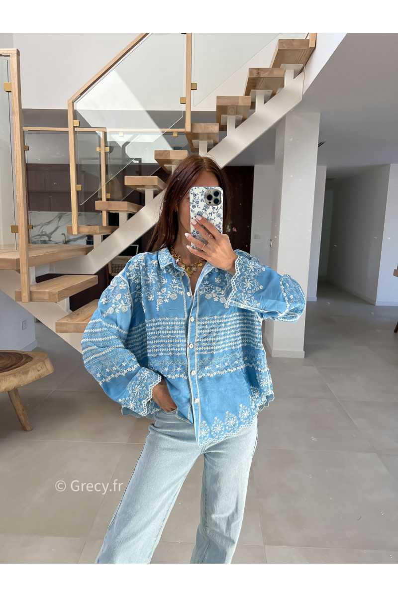 Chemise jean bleu clair broderies fluide large mode tendance chic manches longues grecy