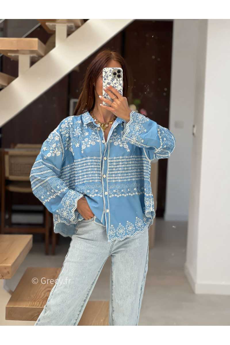 Chemise jean bleu clair broderies fluide large mode tendance chic manches longues grecy