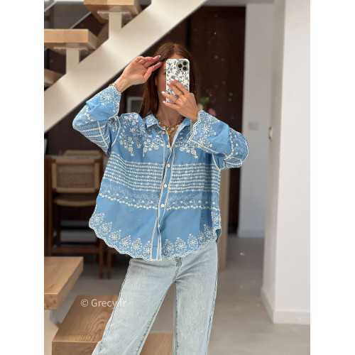 Chemise jean bleu clair broderies fluide large mode tendance chic manches longues grecy