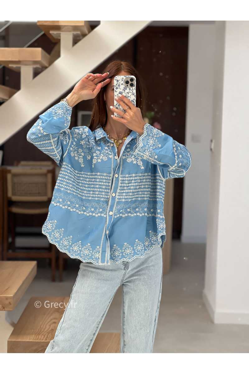 Chemise jean bleu clair broderies fluide large mode tendance chic manches longues grecy